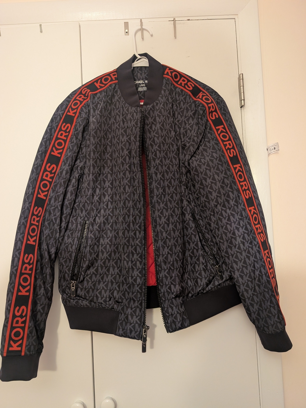 Michael Kors Black Bomber Jacket with Red Logo Trim